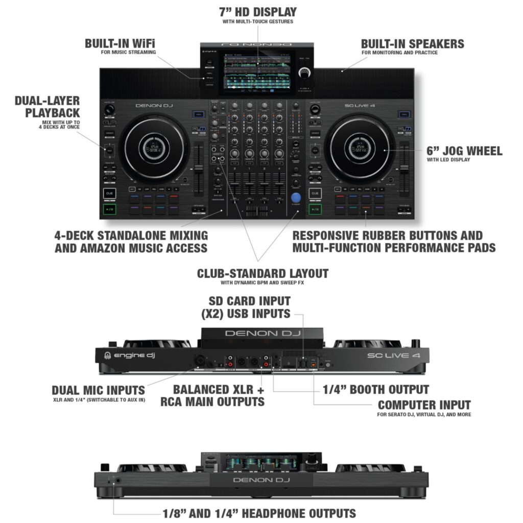 Denon DJ standalone DJ-kontroller SC LIVE 4 omaduste nimekiri