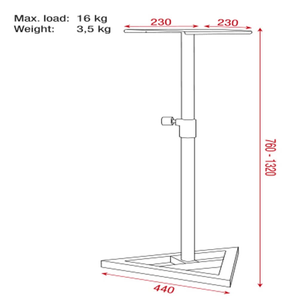 Showgear monitorkõlarijalg Monitor Speaker Stand mõõdud